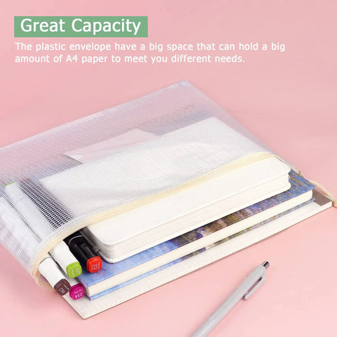 Six Pack Mesh Zipper Pouches With Label Pockets In Six Colors Pink Yellow Green Khaki Blue Purple holding books and markers