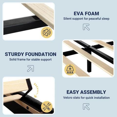 Ultra Legit Comfy Queen Bed Frame With Adjustable Corduroy Headboard And Sleek Black Platform Design For Your Bedroom Glow Up Easy Peasy Setup Solid Build Quality, showcasing sturdy foundation with EVA foam support.