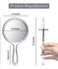 Double Sided Handheld Mirror With 1X And 2X Magnification Clear Handle Round Makeup Mirror For Face Detailing And Mascara Application Great For On The Go, dimensions 4.5x8.3 inches.