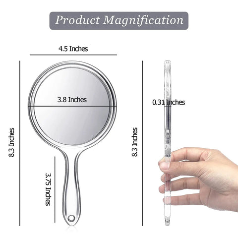 Double Sided Handheld Mirror With 1X And 2X Magnification Clear Handle Round Makeup Mirror For Face Detailing And Mascara Application Great For On The Go, dimensions 4.5x8.3 inches.