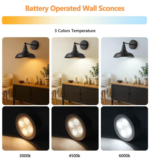 Black Vintage Battery Operated Wall Sconce Set Of 2 With Remote Control showing lighting color temperatures 3000K, 4500K, 6000K