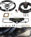 150HP Hydraulic Steering Kit With Wheel For Single Engine Boats Complete Marine System With Built In Two Way Lock Cylinder 26Ft Hoses And Pump Included For Pontoon Deck Runabout And Fishing Boats, featuring a steering wheel, lock cylinder, and various components