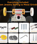 All In One Jewelry Polishing Kit For Bench Grinder with accessories like goggles, cotton wheels, fiber wheels, and polish compounds.