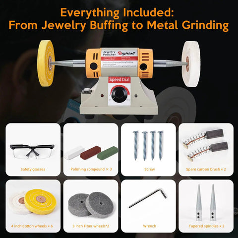All In One Jewelry Polishing Kit For Bench Grinder with accessories like goggles, cotton wheels, fiber wheels, and polish compounds.