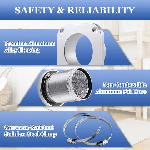 Dryer Vent Connector Kit With 5Ft Duct, 4 Clamps, And 4 Inch Airtight Quick Connect Coupling materials displayed.