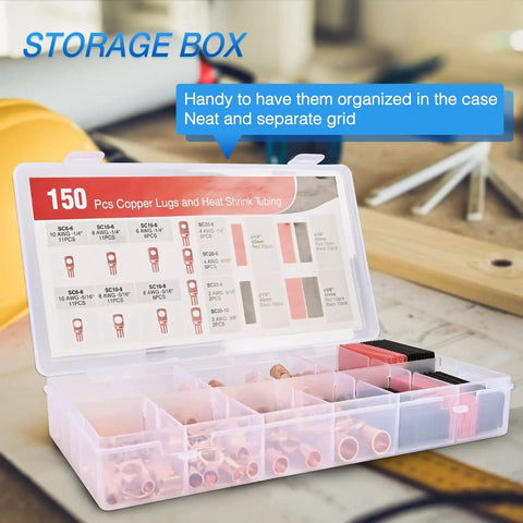 Heavy Duty Battery Terminal Crimp Connector Kit With 70 Copper Wire Lugs And 80 Heat Shrink Tubing For 2 4 6 8 10 AWG 3 To 1 Ratio in storage box