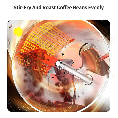 Top Shelf Electric Coffee Roaster For Home Kitchens with 700 Watt Heating showing beans roasting evenly in stainless steel drum.