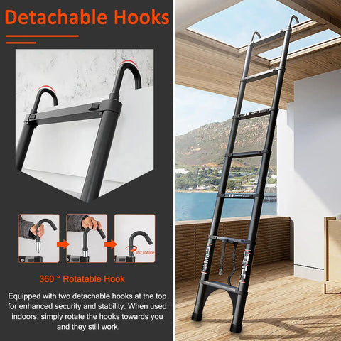 20 Ft Telescoping Ladder Made Of Heavy Duty Aluminum With Detachable Hooks For Safe Indoor And Outdoor Use Space Saving Extension Ladder In Sleek Black Finish Built Like A Boss. Black telescoping aluminum ladder with detachable hooks, shown open indoors