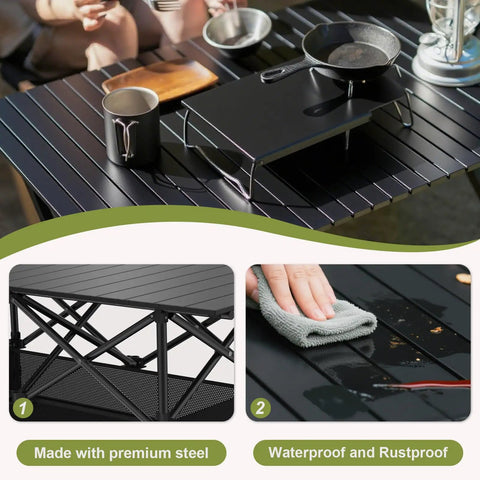 4Ft Folding Camping Table With Carry Bag And Mesh Storage shown with cookware and features premium steel, waterproof surface.