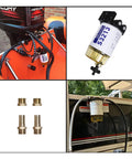Fuel Filter Water Separator Direct Fit Replacement For Marine Outboard Mercury With Three Eighths Barb By One Quarter Npt Brass Fittings Replaces S3213 S3214 35-60494-1 18-7932-1 18-17928 35-809097 in use on boat engine with brass fittings closeup.