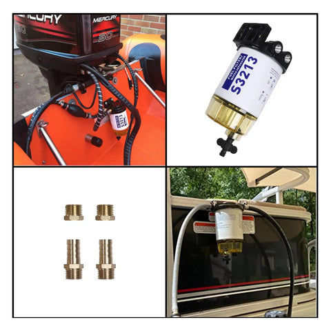 Fuel Filter Water Separator Direct Fit Replacement For Marine Outboard Mercury With Three Eighths Barb By One Quarter Npt Brass Fittings Replaces S3213 S3214 35-60494-1 18-7932-1 18-17928 35-809097 in use on boat engine with brass fittings closeup.