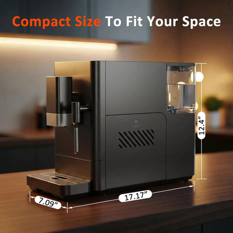 Total Game Changer Automatic Espresso Machine With Built In Grinder 20 Bar Coffee Maker Milk Frother showing compact size 17.17x12.4 inches.