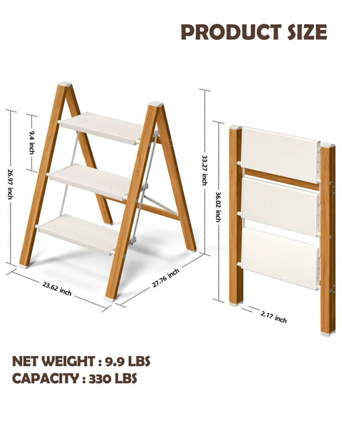 Three Step Stool With Anti Slip Large Pedals White Woodgrain Finish Lightweight Foldable For Home Garage Or Workshop Easy To Fold And Carry Portable Step Ladder, 27.76 x 23.62 x 26.97 in