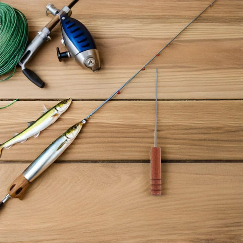 Stainless Steel Baiting Needle With Rosewood Handle, Slip Grip, 3-Piece Set For Freshwater And Saltwater Fishing Bait Rigging, Compact Portable Threading Tool For Worms And Bait on wooden table