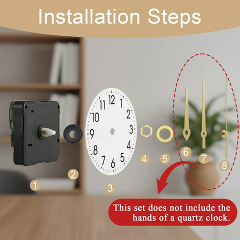 Installation steps for Quartz Clock Movement Replacement Kit for Battery Powered DIY Clock Repairs with numbered parts