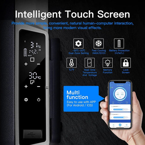 Close-up of intelligent touch screen and app control for Dual Zone 12V Portable Car Refrigerator Freezer With App Control, 38 Quart Capacity (36L).