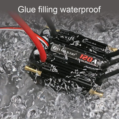 Waterproof Brushless ESC for RC Boats and Model Ships with 120A rating submerged in water, highlighting durability.