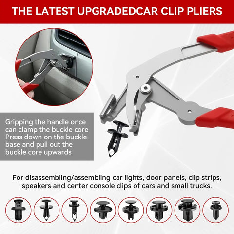 No Fuss Heavy Duty Car Clip Pliers Panel Clip Removal Tool For Auto Fastener And Plastic Rivet Extraction, shown in use removing a car clip.