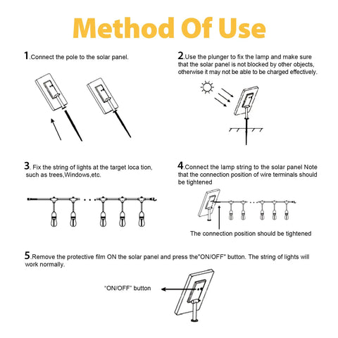 Installation instructions for Solar Outdoor String Lights 48 Ft LED With 15 Hanging Sockets Waterproof Shatterproof Pergola Lights.