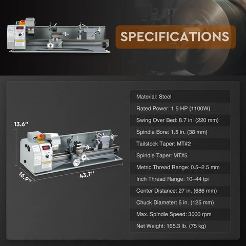Benchtop Mini Metal Lathe 9x30 With 1100W Motor 3000 RPM LCD Display 3 Jaw Chuck Ideal For Threading Turning And Drilling
