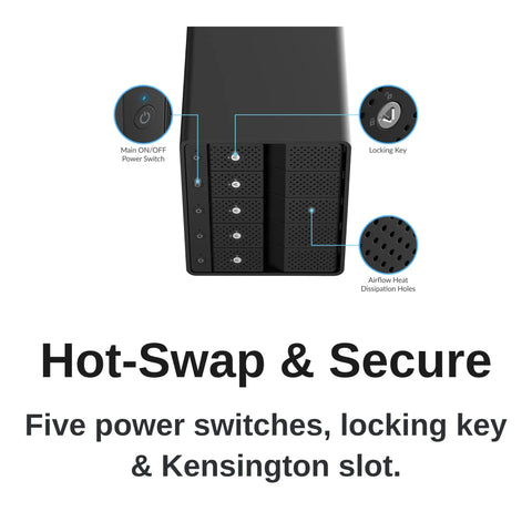 Heavy Duty 5 Bay Usb C Storage Dock with power switches, locking key, and ventilation holes for desktop backup.