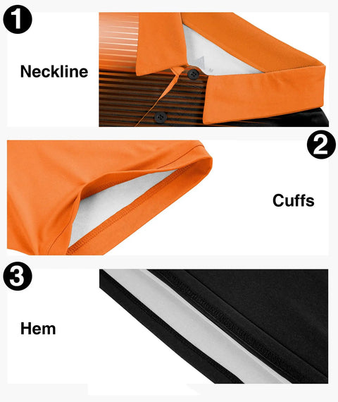 Close-up of neckline, cuffs, and hem on Mens Golf Polo Shirt Short Sleeve Moisture Wicking Performance Print With UPF 30 Plus And 4 Way Stretch Lightweight Collared Tee For Men Black Orange XL Game Day Ready Casual Everyday Wear.