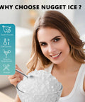 Nugget ice maker ad: smiling woman with a bowl of nugget ice; teal vertical info panel showing features.