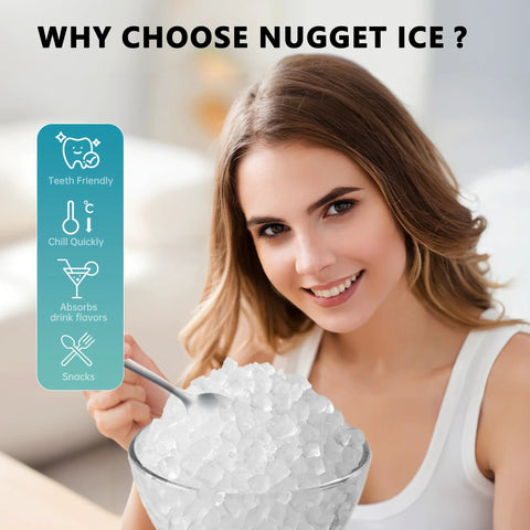 Nugget ice maker ad: smiling woman with a bowl of nugget ice; teal vertical info panel showing features.