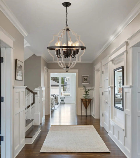 Farmhouse Rustic Chandelier With ORB Finish And Oak Tone, 6 Light Vintage Antique Pendant Light Fixture in modern foyer.