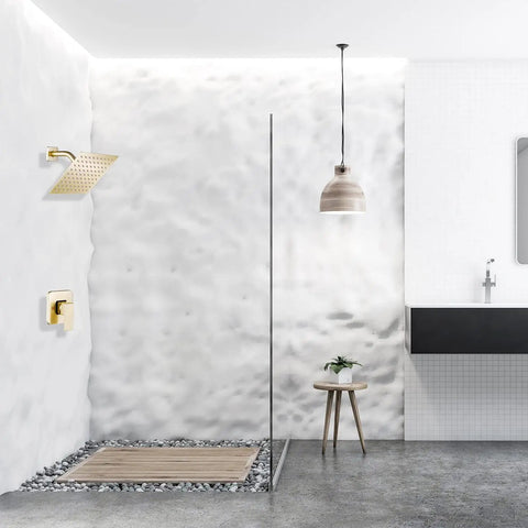 Brushed Gold Shower Faucet Trim Kit With Rough In Valve 8 Inch Square Stainless Steel Rainfall Shower Head in modern bathroom