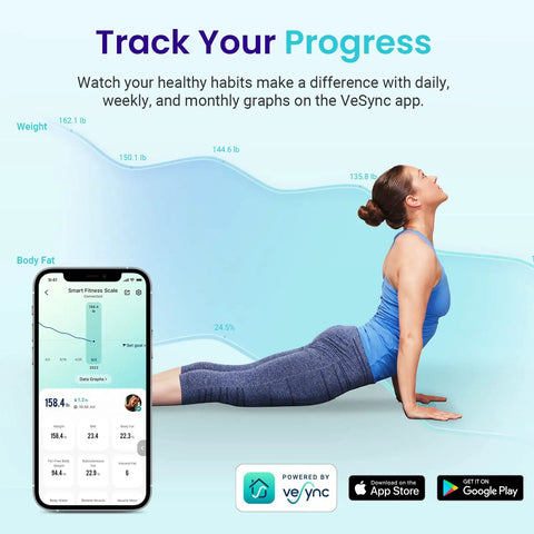 Woman doing yoga next to Smart Scale For Body Weight And Fat Percentage With BMI And Muscle Mass Analysis, app on screen