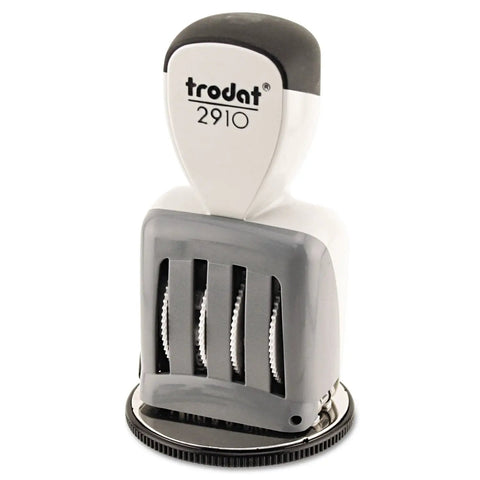 Heavy Hitter Two Inch Round Date Time Stamp, self-inking office gear with gray and white design for fast paperwork filing.