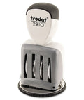 Heavy Hitter Two Inch Round Date Time Stamp self-inking stamp with a steel frame for quick paperwork date tracking.