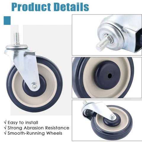 Product details of 4 Pack 5 Inch Stem Caster Shopping Cart Wheels Replacement Kit with axles, bolts, blue finish, polyurethane tread