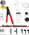 Backyard Mechanic Handheld Vacuum Pump Brake Bleeder Kit With Live Pressure Tester And Universal Gauge Adapters showing tools and dimensions.