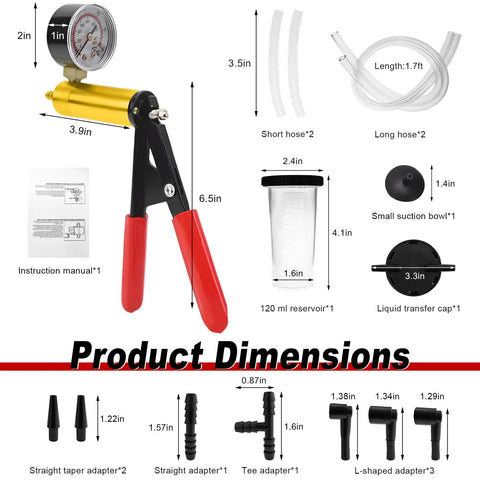 Backyard Mechanic Handheld Vacuum Pump Brake Bleeder Kit With Live Pressure Tester And Universal Gauge Adapters showing tools and dimensions.