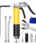 Pro Grade Grease Gun Kit With Pistol Grip, 8000 PSI, 14 Oz Load, shown with 18 Inch Resin Hose and 10 Piece Set Accessories