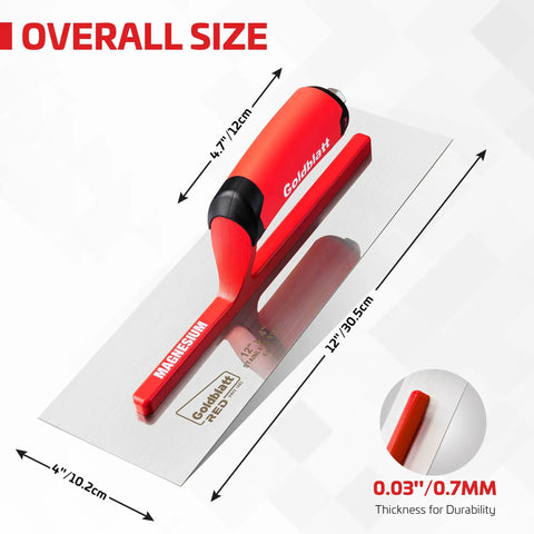 Red Stainless Steel Finishing Trowel 12x4 Top Notch Pro Grade Drywall Masonry Trowel With Soft Grip Handle Lightweight Magnesium Shank