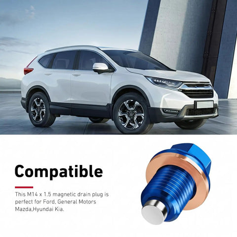 Upgrade Your Ride With This Sweet Blue M14 Aluminum Oil Drain Plug Featuring A Magnetic Catcher For Clean Engine Oil And A CNC Machined Anti Leak Gasket Kit That Works Perfectly As A Universal Fit For Most Cars And Trucks To Keep Your Motor Running. Blue M14 x 1.5 aluminum magnetic oil drain plug for cars and trucks