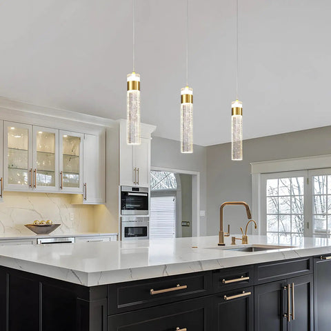 Gold Crystal Pendant Light For Kitchen Island, 4000K LED Modern Adjustable Chandelier in kitchen above island countertop