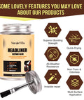 Headliner Repair Glue for Cars with Brush and label showing features like bonding strength, quick-drying, and multi-surface use.
