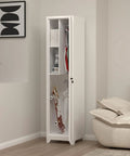Slim Broom Storage Cabinet With Shelves And Hanging Rod Locking Door Metal Cabinet For Tight Spaces in a modern living area.