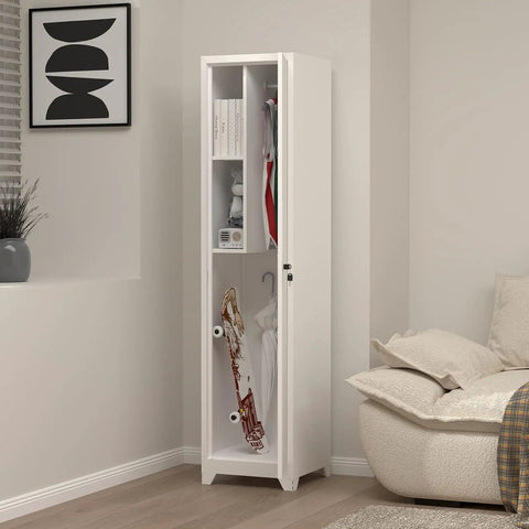 Slim Broom Storage Cabinet With Shelves And Hanging Rod Locking Door Metal Cabinet For Tight Spaces in a modern living area.