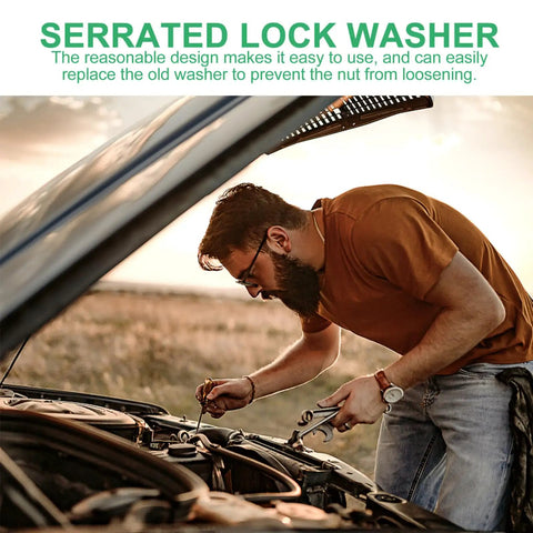 Mechanic working with serrated lock washer text, highlighting internal tooth serrated lock washers in stainless steel for vibration resistance.