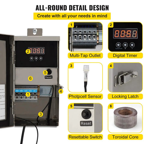 Heavy Duty Stainless Steel Low Voltage Transformer with Multi Tap, Digital Timer, Photocell Sensor, Reset Switch, and Toroidal Core