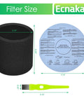 Dimensions of Three Pack Foam Sleeve Filters And Three Pack Wet Dry Vacuum Filters For 5 Gallon And Up Vacuums with green brush