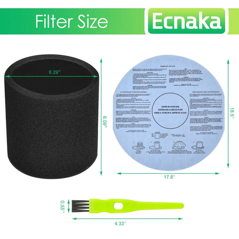 Dimensions of Three Pack Foam Sleeve Filters And Three Pack Wet Dry Vacuum Filters For 5 Gallon And Up Vacuums with green brush