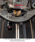Close-up of Hook Up This Premium Shop Tested 32 Inch Router Dado Jig, showing router bit and guide bushing for precise cutting.