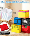Six Pack Collapsible Fabric Storage Bins With Sturdy Handles For Classroom And Playroom featuring colorful designs, 10.5 x 10.5 x 11 in.