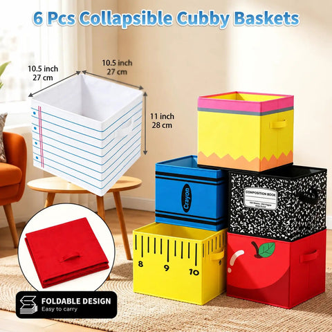 Six Pack Collapsible Fabric Storage Bins With Sturdy Handles For Classroom And Playroom featuring colorful designs, 10.5 x 10.5 x 11 in.